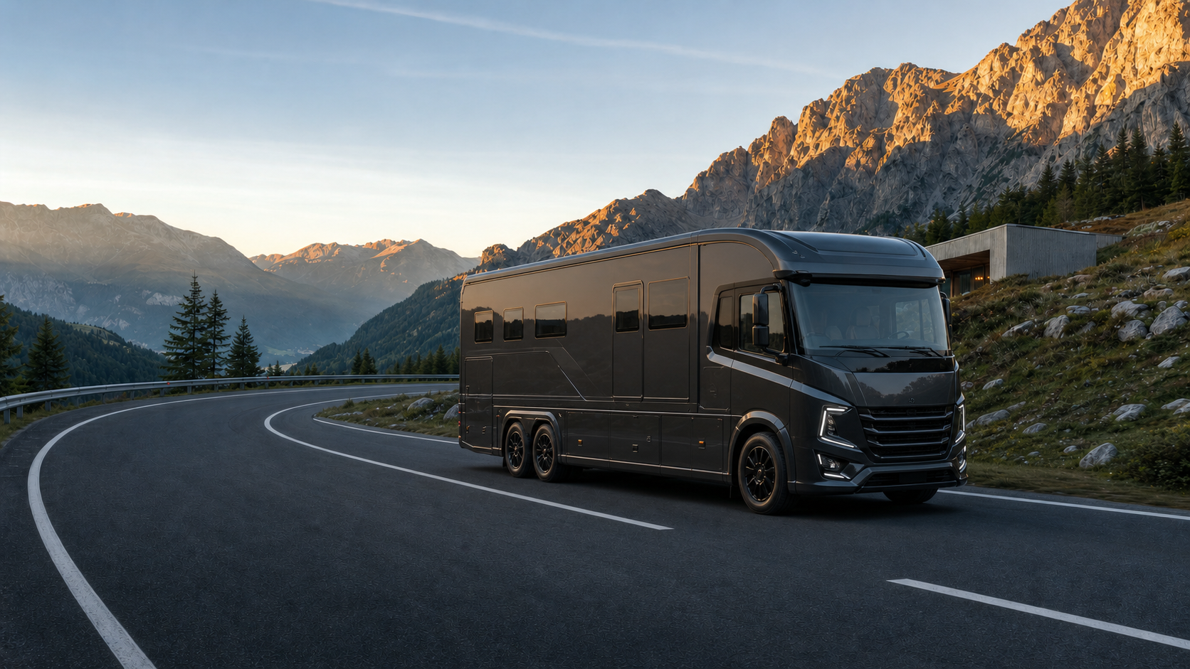 Luxury fullhouse motorhome driving on an Alpine road